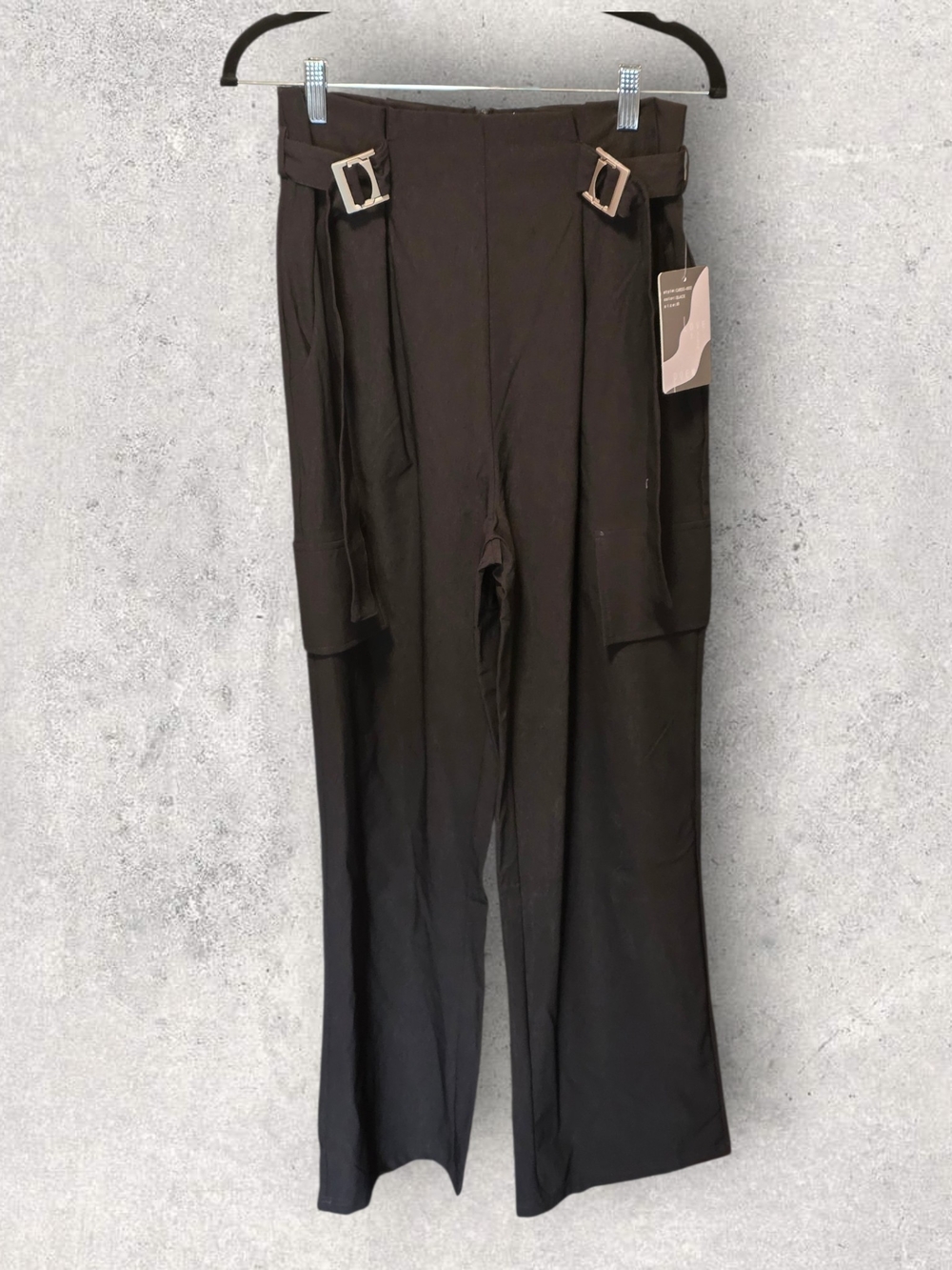 High-Waist Wide-Leg Pants with Buckle Detail - Black